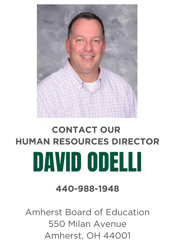 Portrait of Amherst Board of Education Human Resources Director David Odelli. Text reads: "Contact Our Human Resources Director David Odelli, 440-988-1948. Amherst Board of Education, 550 Milan Avenue, Amherst, OH 44001."