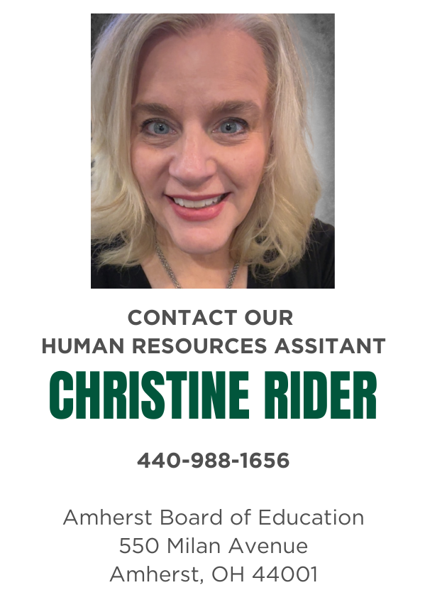 Portrait of Amherst Board of Education Human Resources Assistant Christine Rider. Text reads: "Contact Our Human Resources Assistant Christine Rider, 440-988-1656. Amherst Board of Education, 550 Milan Avenue, Amherst, OH 44001."
