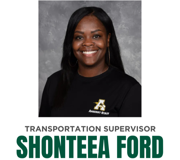 Portrait of Transportation Supervisor Shonteea Ford smiling and wearing a black Amherst Staff shirt with the Amherst logo against a gray background. Below the photo, the text reads: "Contact Our Transportation Supervisor Shonteea Ford" followed by the phone number 440-988-1474.