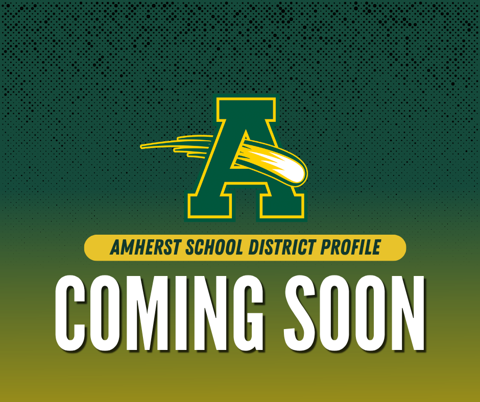 AMHERST SCHOOL DISTRICT PROFILE - COMING SOON - GREEN AND YELLOW GRAPHIC WITH A LOGO