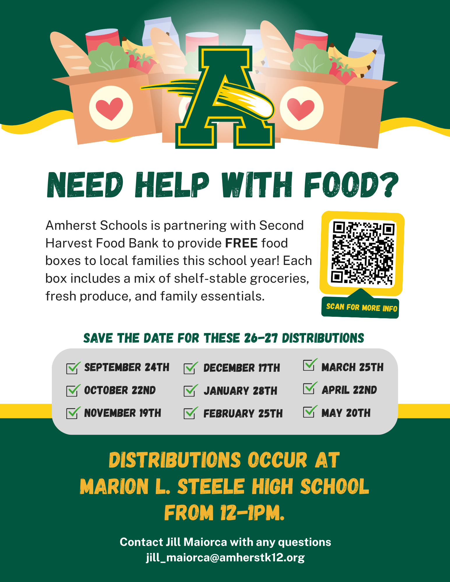 Flyer announcing that Amherst Schools is partnering with Second Harvest Food Bank to provide free food boxes containing shelf-stable groceries, fresh produce, and family essentials. Distributions will be held at Marion L. Steele High School from noon–1 p.m. on September 24, October 22, November 19, December 17, January 28, February 25, March 25, April 22, and May 20 during the 2026–27 school year. A QR code links to additional information. Questions may be directed to Jill Maiorca at jill_maiorca@amherstk12.org.