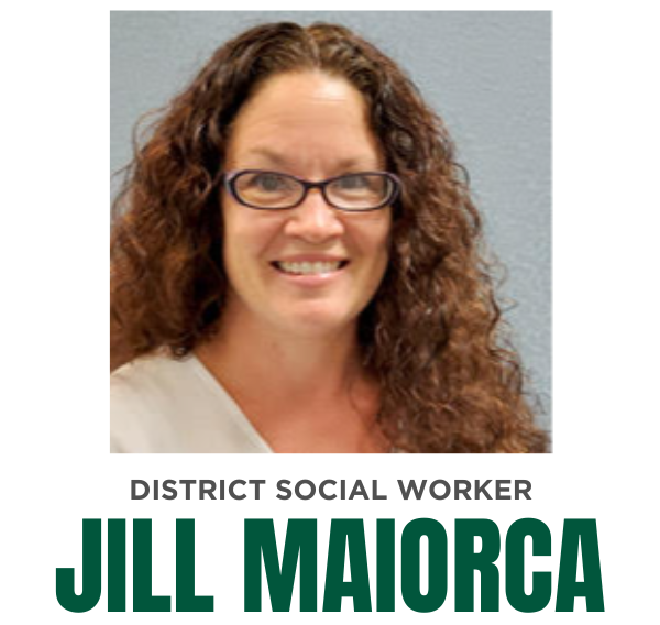 Jill Maiorca school picture - curly brown hair, glasses, wearing a light colored sweater. States District Social Worker - Jill Maiorca