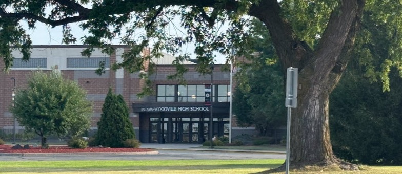 High School front entrance through trees.