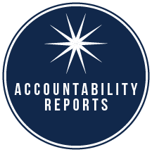 Logo featuring a starburst design above the text "ACCOUNTABILITY REPORTS" in bold, white letters on a dark blue circular background.