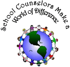 Colorful illustration of Earth surrounded by diverse children, with the text "School Counselors Make a World of Difference" above.