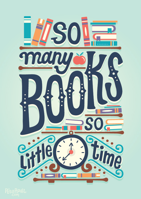 A stack of colorful books with a clock in the background, symbolizing the phrase "so many books, so little time."