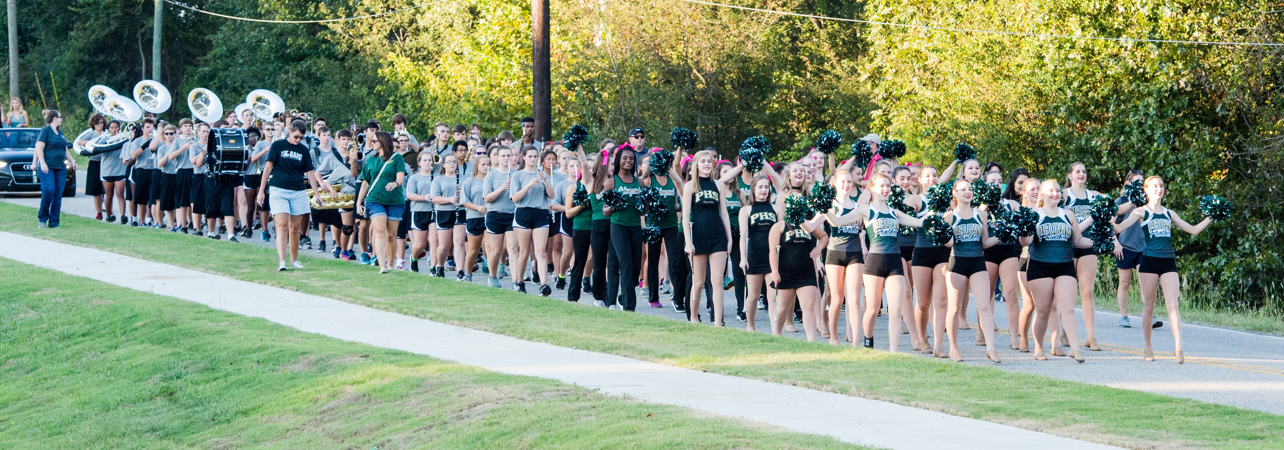 A marching band is lined up on the road, showcasing their uniforms and instruments in a vibrant display of music and teamwork.