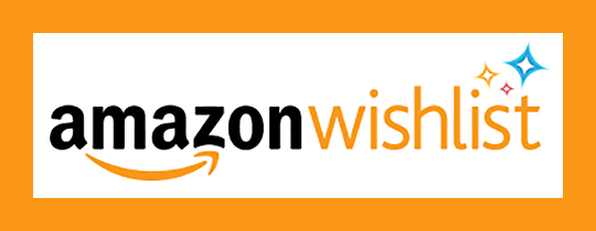 The Amazon Wishlist logo features the word "amazon" in black lowercase letters with the signature curved arrow underneath, followed by "wishlist" in orange lowercase letters. Small, colorful sparkles in blue, yellow, and red appear above the word "wishlist." The background is white with an orange border.