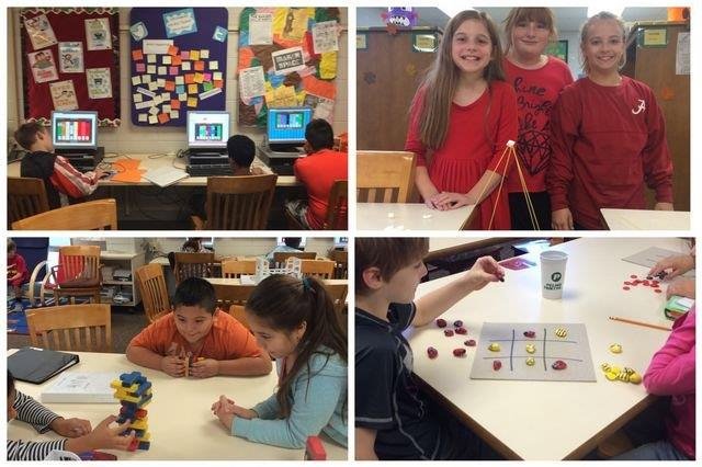 A vibrant collage depicting children engaged in various math games, showcasing joy and learning through play