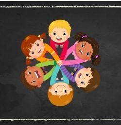 Children holding hands in a circle, smiling, with the words "happy birthday" displayed above them.