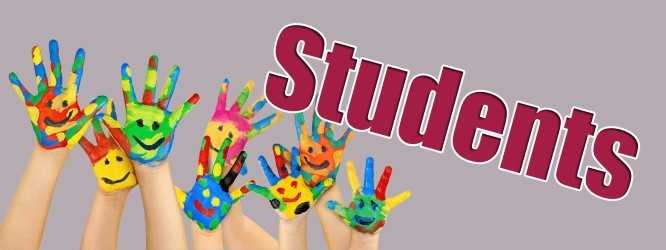 Colorfully painted children's hands with smiling faces raised in the air, with the word 'Students' in bold red text.