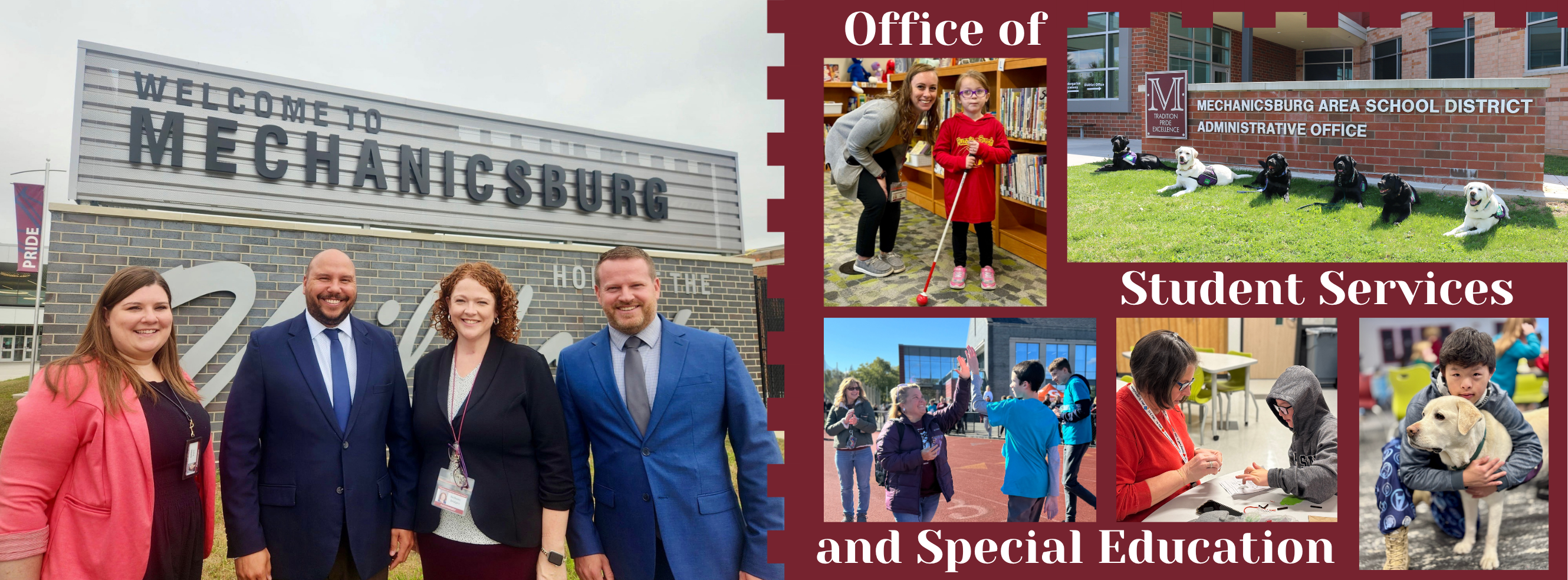 Photo of our Student Services and Special Education Administrators, Service Dogs and Teachers working with Students