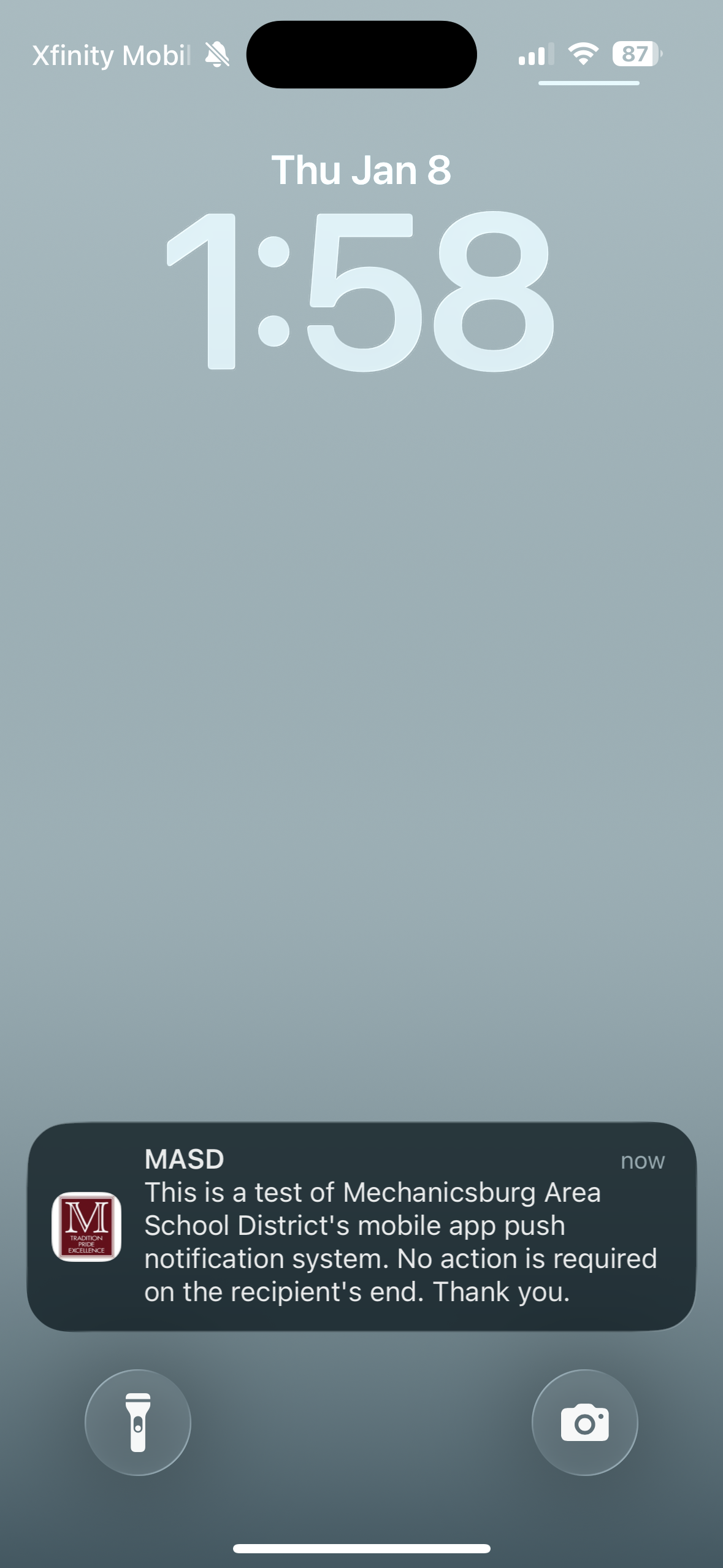 Screenshot of a cell phone that shows a push notification from MASD's mobile app.