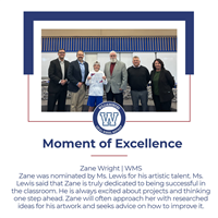 A group of six individuals stands together in a school setting, celebrating Zane Wright's artistic talent and dedication to improvement.