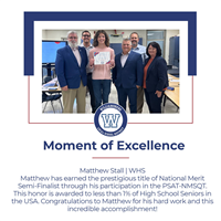 Matthew Stall stands proudly with school officials, celebrating his National Merit Semi-Finalist achievement at WHS.