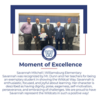 A young student, Savannah Mitchell, proudly stands with her teachers and principal, celebrating her recognition for excellence at Williamsburg Elementary.