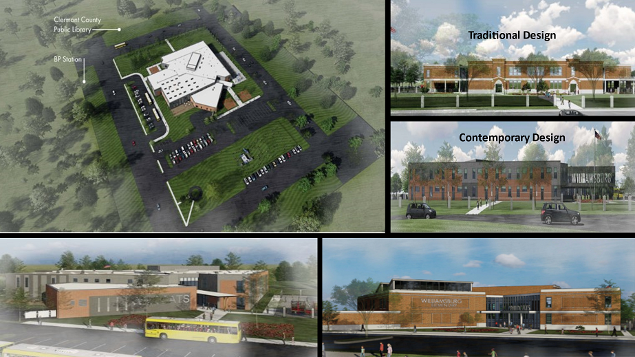 Aerial and architectural designs of a public library and community center, showcasing traditional and contemporary styles.