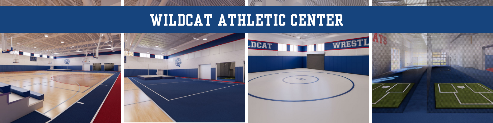 Interior view of the Wildcat Athletic Center featuring a basketball court, wrestling area, and training space, highlighted in school colors.