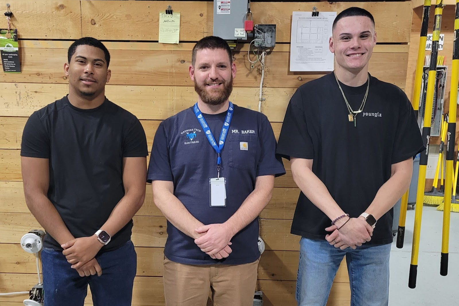 From left are Ranphy Caceres, Robert Baker and Sage Kim. Caceres and Kim recently graduated from the Nashoba Tech Career Technical Institute’s Electrical program and have been accepted intom the IBEW Clean Energy Electrical Pre-Apprenticeship program. Baker is the Electrical instructor. (COURTESY NASHOBA TECH)