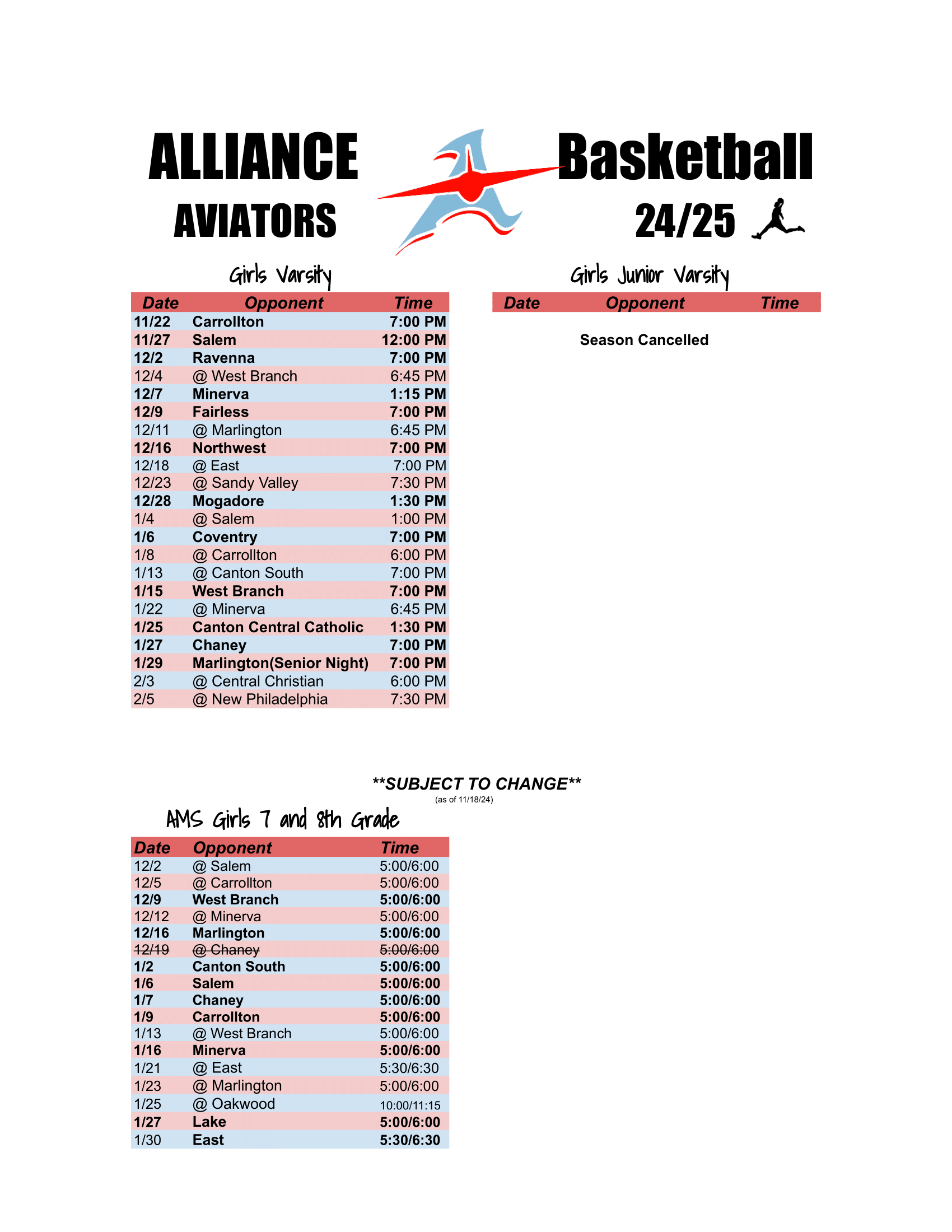 Girl's Basketball Schedule 24/25