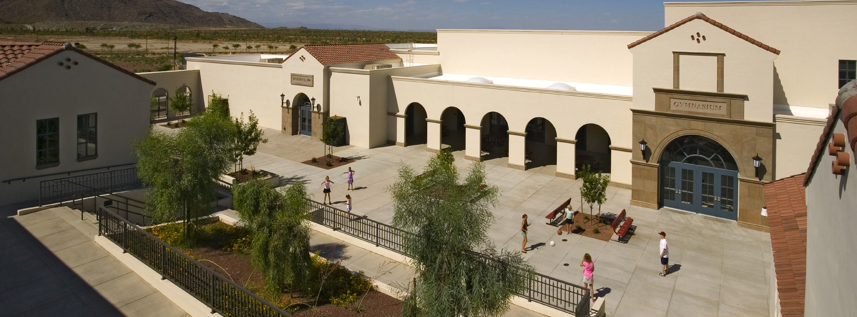 Bird's eye view of a school courtyard