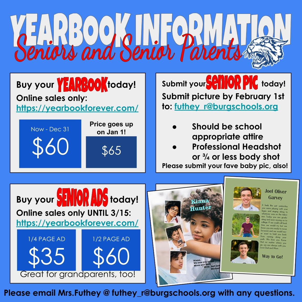 Yearbook information flyer detailing submission deadlines and guidelines for students and parents.