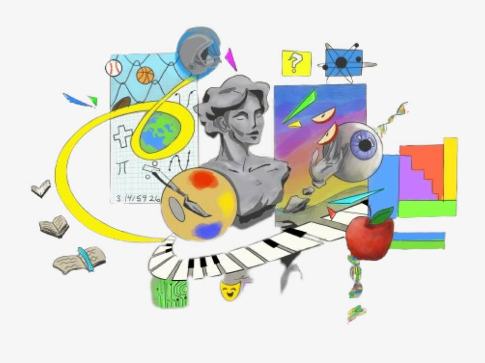 A drawing depicting a woman seated at a piano, surrounded by various musical items and artistic elements.