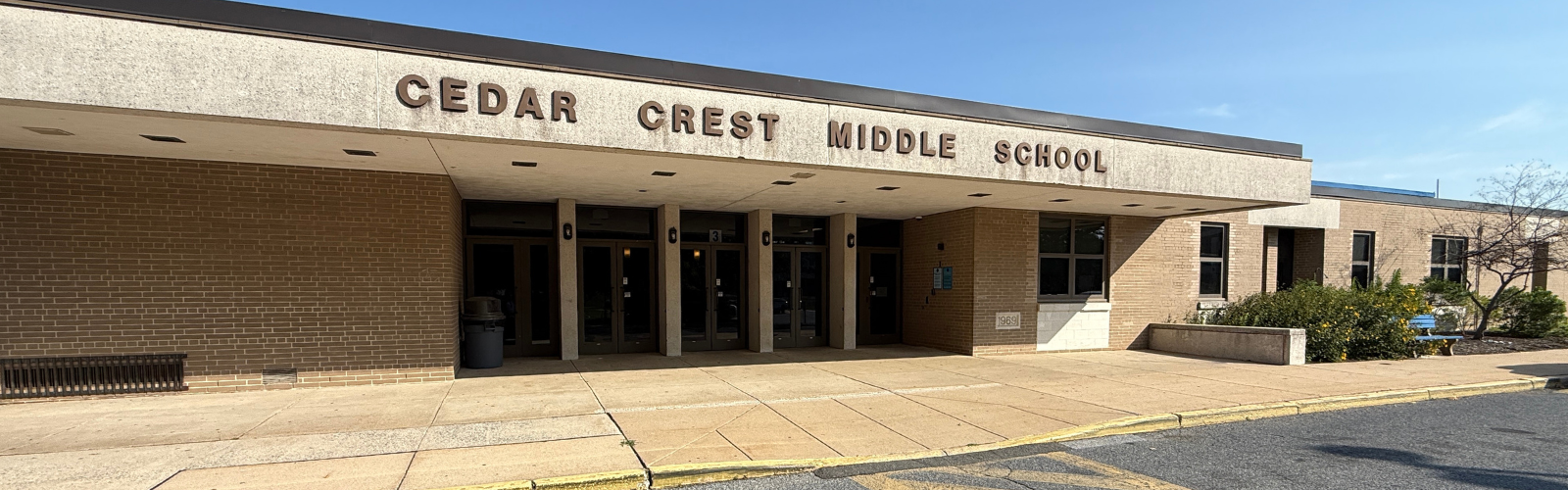 Exterior of Cedar Crest Middle School main entrance