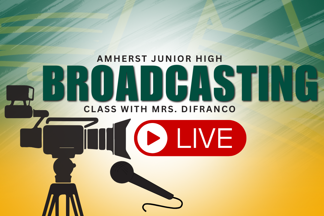 Broadcasting Graphic - Green, Gold, Camera, Mic, Red LIVE sign