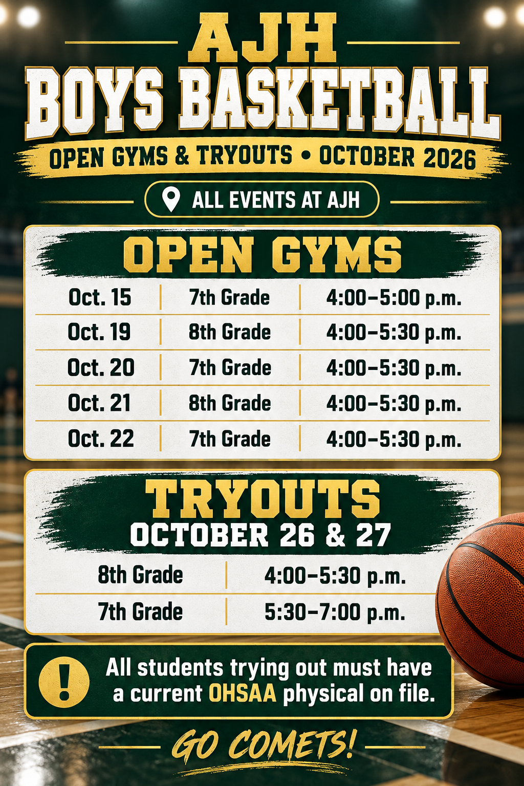Green and gold AJH Boys Basketball graphic listing October 2026 open gyms and tryouts. All events take place at Amherst Junior High. Open gyms: October 15, 7th grade, 4–5 p.m.; October 19, 8th grade, 4–5:30 p.m.; October 20, 7th grade, 4–5:30 p.m.; October 21, 8th grade, 4–5:30 p.m.; October 22, 7th grade, 4–5:30 p.m. Tryouts on October 26 and 27: 8th grade, 4–5:30 p.m.; 7th grade, 5:30–7 p.m. All students trying out must have a current OHSAA physical on file. A basketball appears beside the schedule, with “Go Comets!” at the bottom.