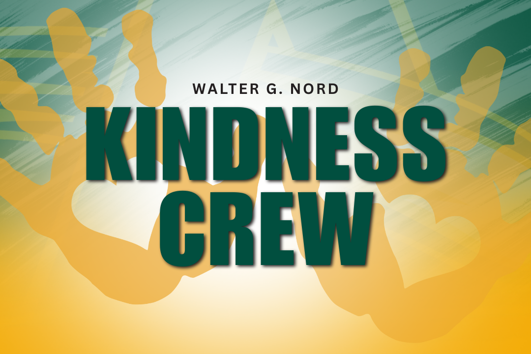 Kindness crew- green and gold with hands prints that have a heart in them