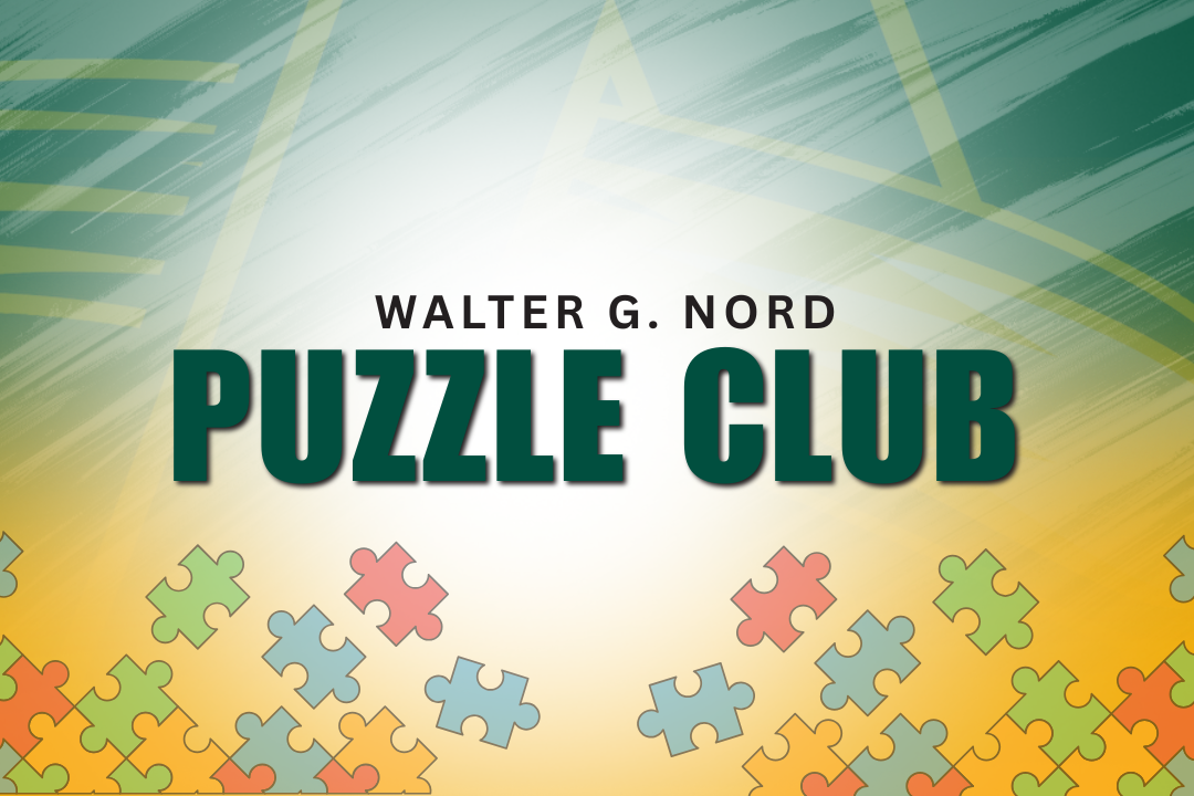 Walter G. Nord Puzzle Club with puzzle pieces on a green and gold background with the Amherst A Logo faintly in the background