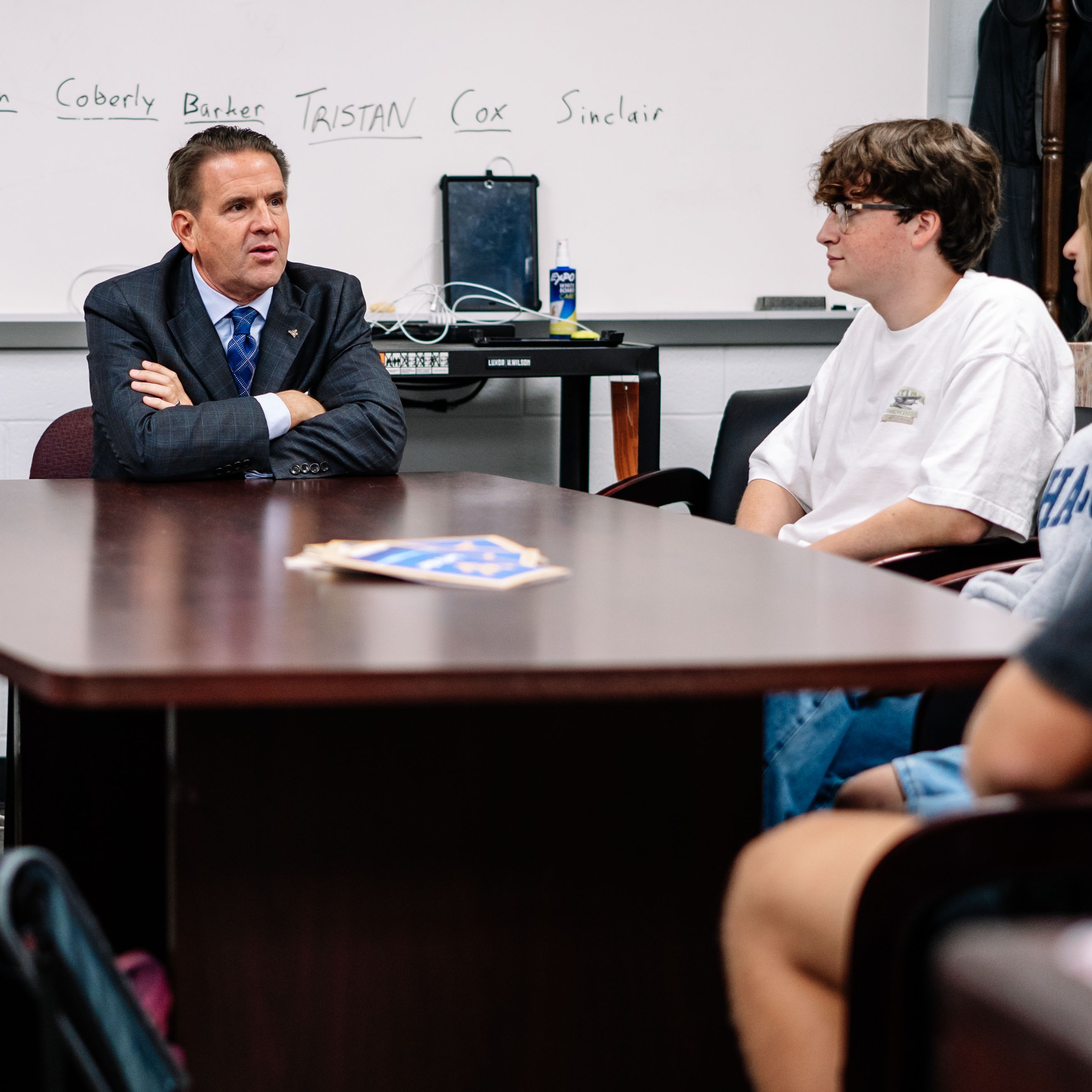 wvu president michael benson talking with gwhs students about life after high school.