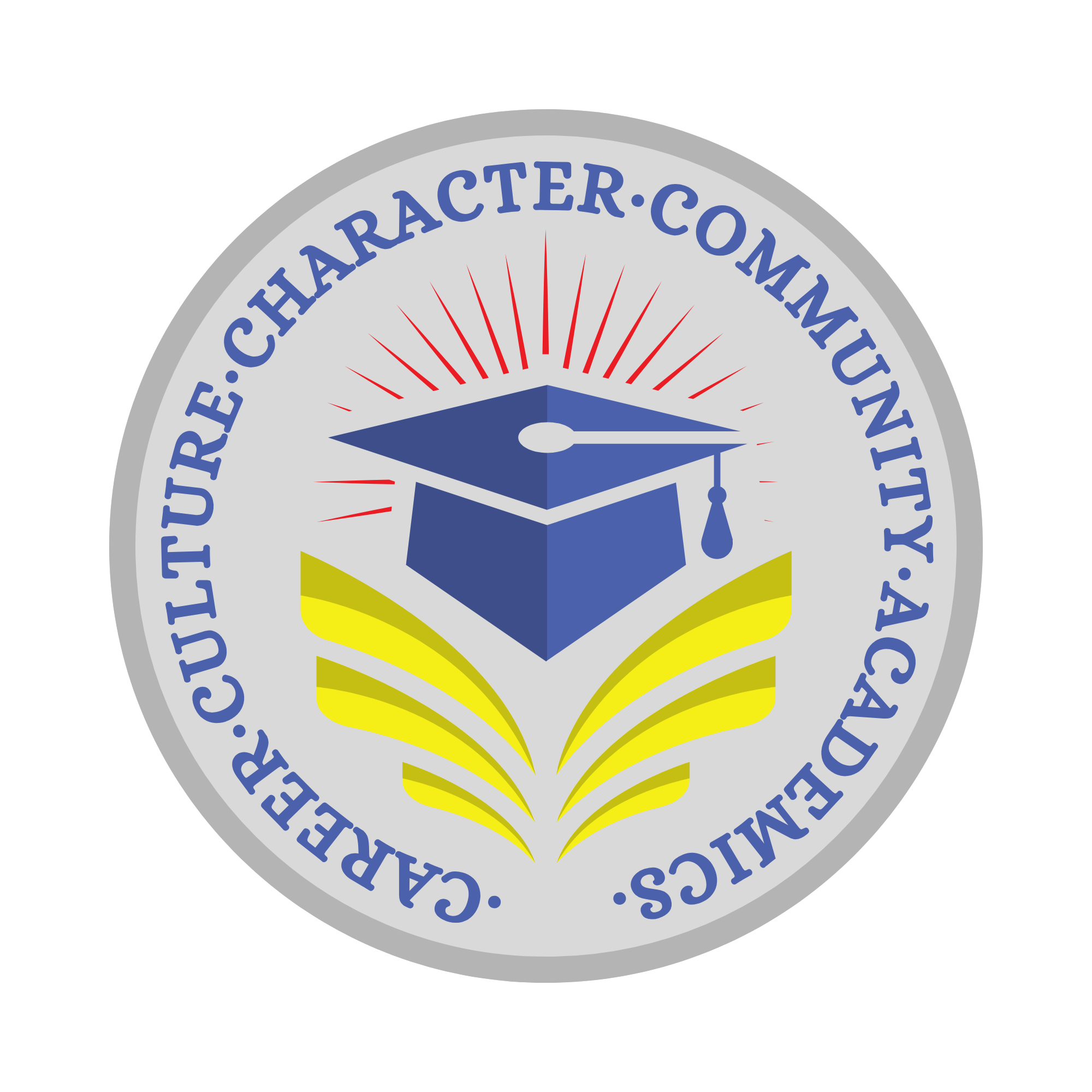 A circular emblem with a graduation cap in the center with the words around the outside reading career, culture, character, community, academics.