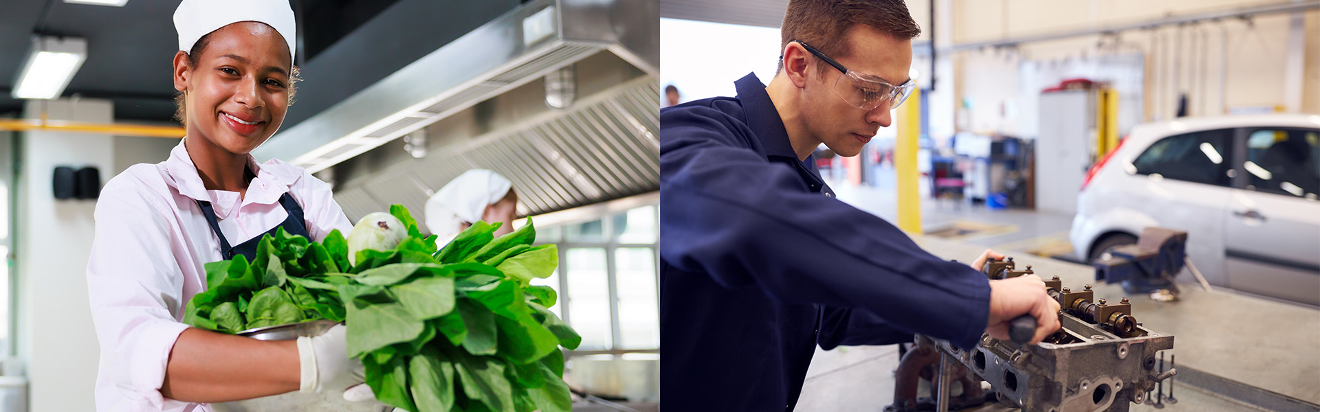 A girl in a kitchen holding leafy greens and a boy working in a auto shop
