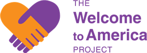 A logo featuring two stylized hands in orange and purple forming a heart shape, accompanied by the text 'THE Welcome to America PROJECT' in purple.