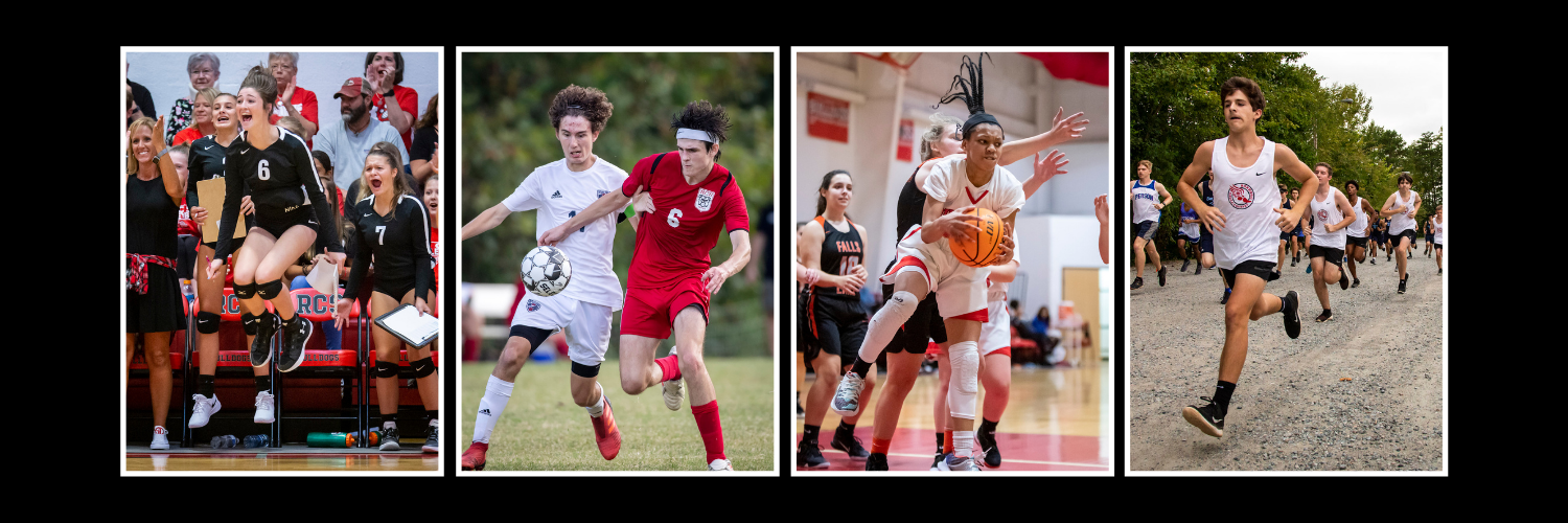 Volleyball Player jumps in excitment; soccer players battle for the ball, basketball player gaps a rebound; runner sprints ahead of the pack