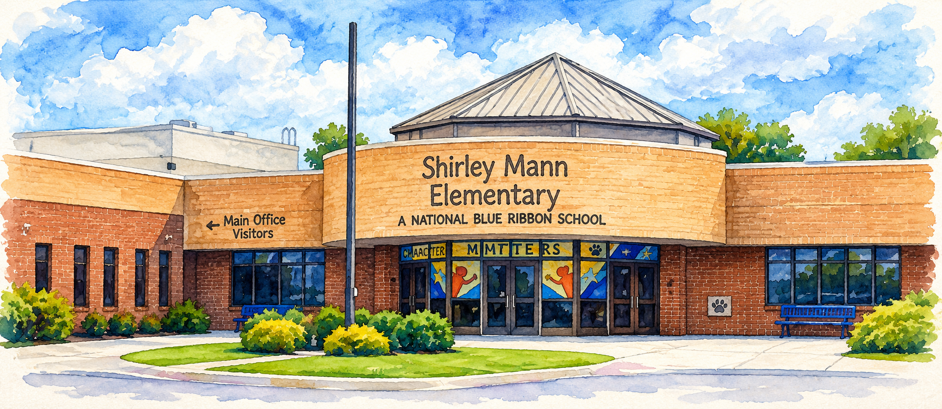 An artistic rendering of Shirley Mann Elementary school entrance. The building has a curved roof. A bench is visible.