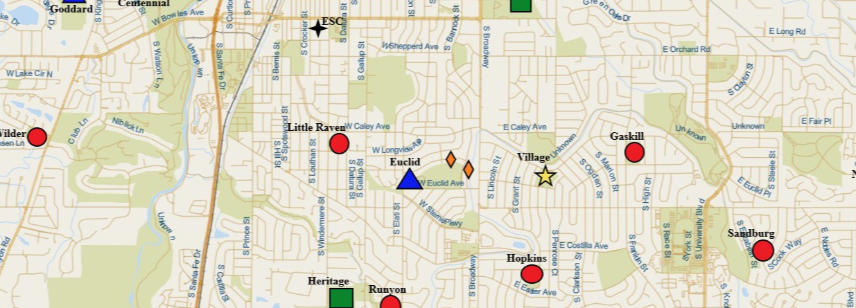Map showing a portion of the Littleton Public Schools district with labeled school locations marked by various geometric symbols. Streets, waterways, and neighborhood boundaries are visible in the background. Each school is represented by a shape such as a circle, square, triangle, or star, with names including Goddard, Euclid, Newton, Hopkins, Lenski, Runyon, and more. The ESC (Education Services Center) is also marked. The map illustrates the spatial distribution of schools across the district.