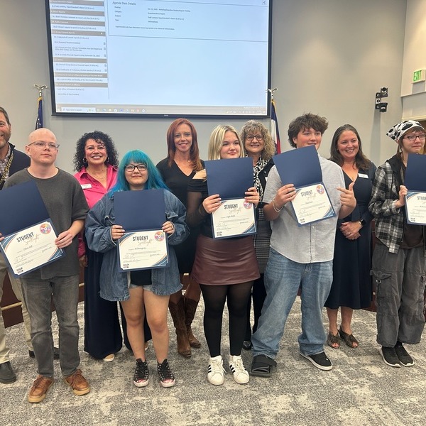 Group of Options students at the LPS Board of Ed meeting for the Student Spotlight