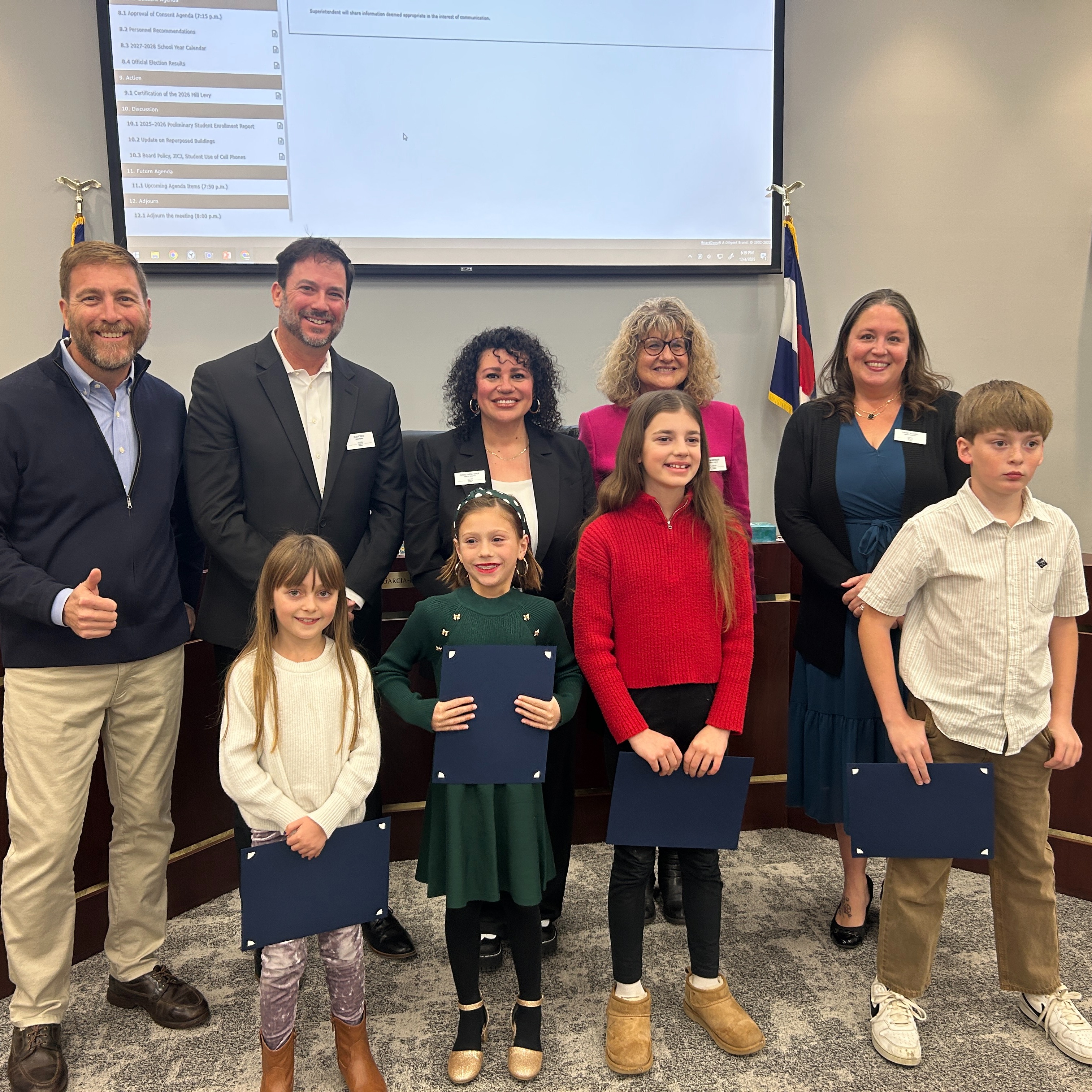 Lenski students with the LPS Board of Education for the Student Spotlight