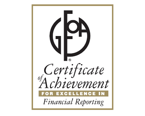 A certificate with gold border reads "Certificate of Achievement for Excellence in Financial Reporting" above a stylized "CFA" logo.