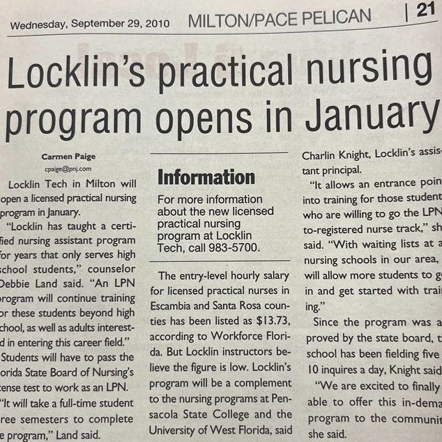 Locklin's Practical Nursing program opens in January