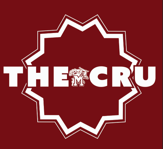 Logo featuring the text "THE CRU" in bold white letters, centered within a maroon starburst design, with a stylized mascot in the middle.