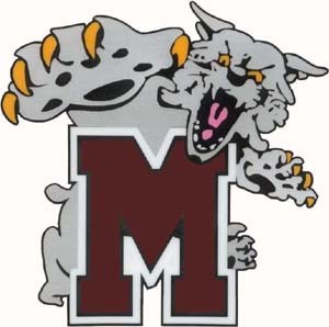 A fierce wildcat mascot with gray fur and orange claws, playfully snarling behind a large maroon letter "M".