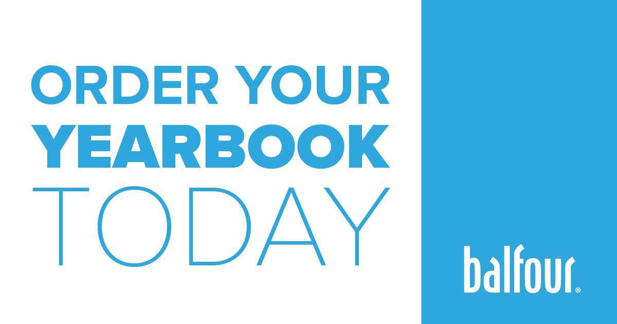 Text graphic promoting yearbook orders with the message "Order your yearbook today" in bold, colorful letters.