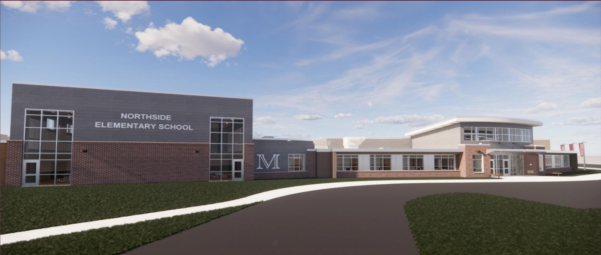 Rendering of a new elementary school building showcasing modern architecture and design features.