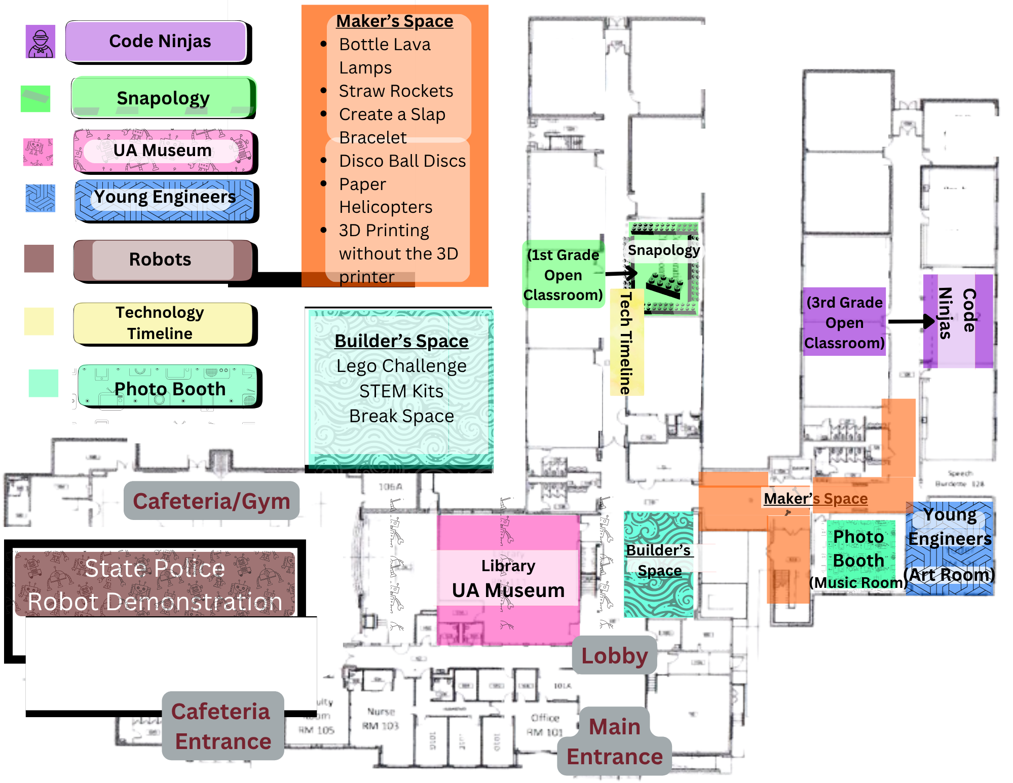 map of UA with color coded locations of vendors for STEM night