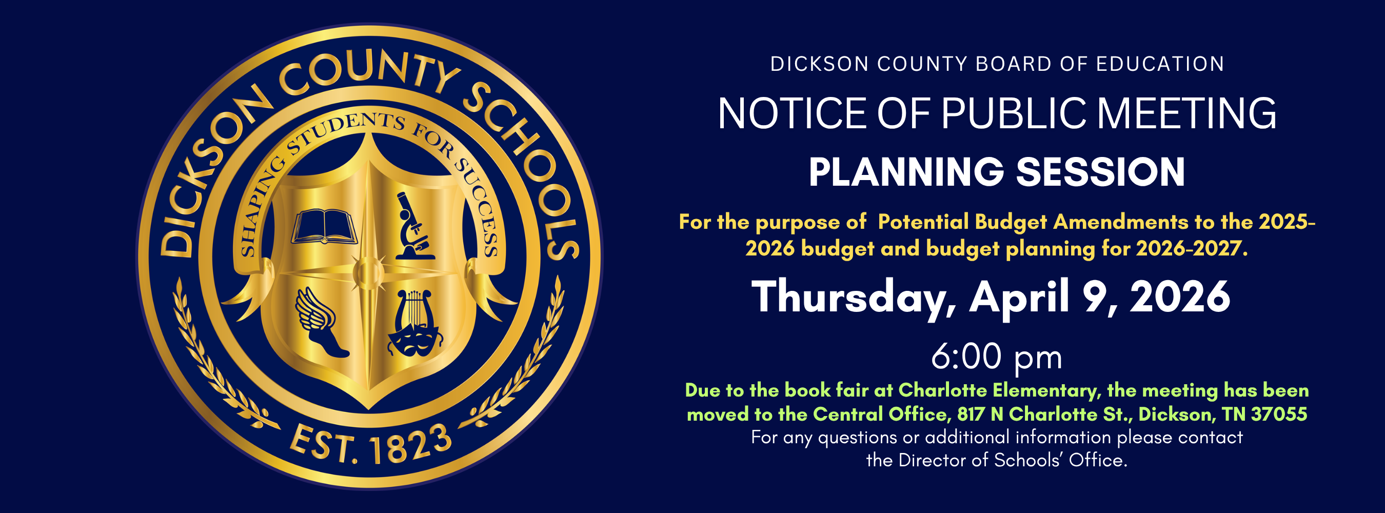 School Board Planning Session April 9th at 6PM