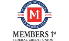 A logo featuring a large red square with a stylized letter 'M' and the text 'MEMBERS 1st FEDERAL CREDIT UNION' below it.